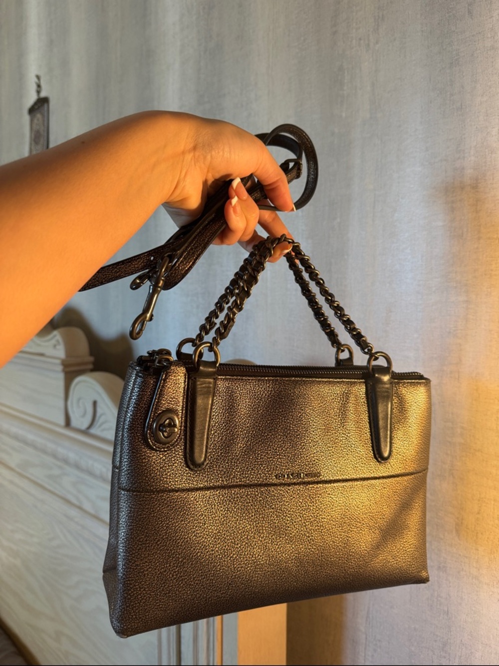 Coach Black Pebbled Leather Satchel with Chain Handles